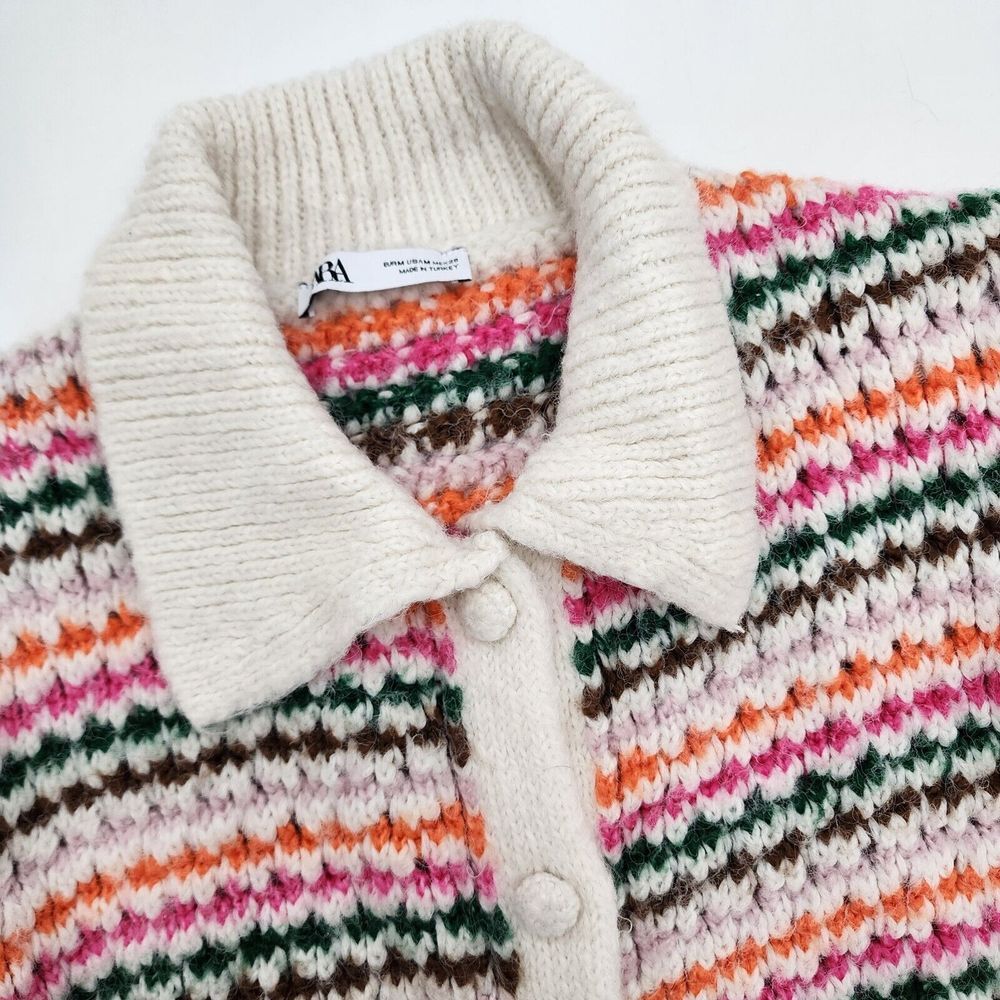 ZARA Women's Striped Knit Jacket/Cardigan - Size M White Pink Green Orange